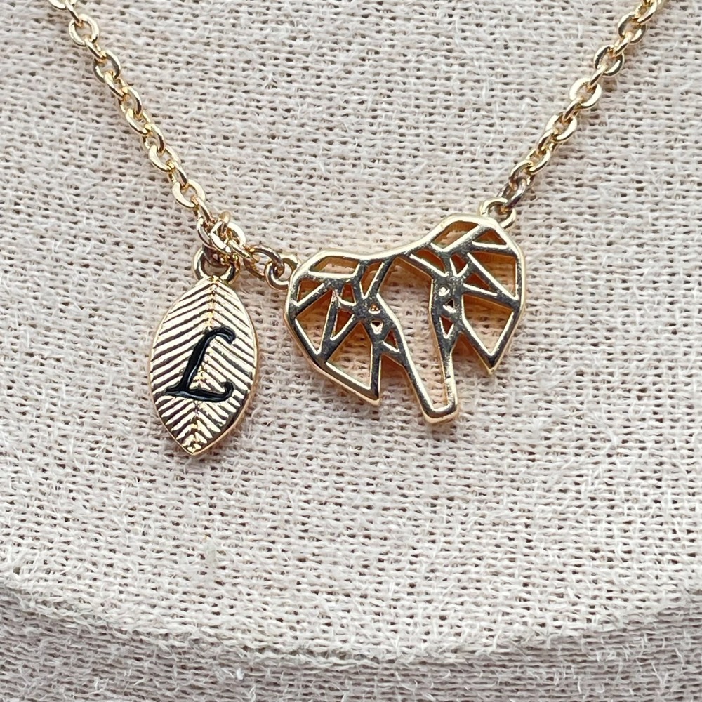 Gold-Tone Rolo Link Chain Origami Elephant Charm Leaf L Initial Pendant Necklace